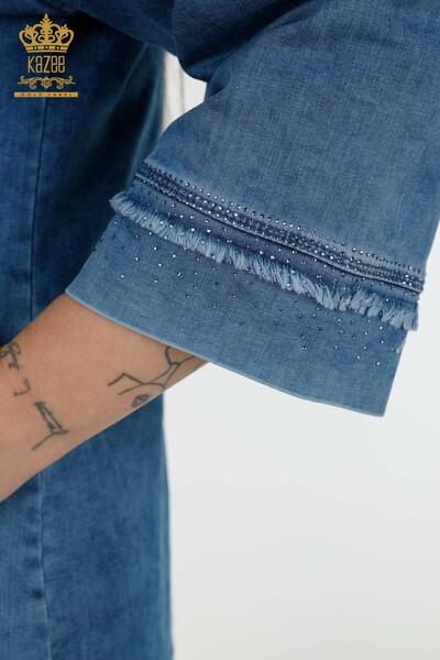 женская джинсовая куртка оптом вышитая хрустальным камнем - синяя - 20373 | КАZEE - Thumbnail (2)