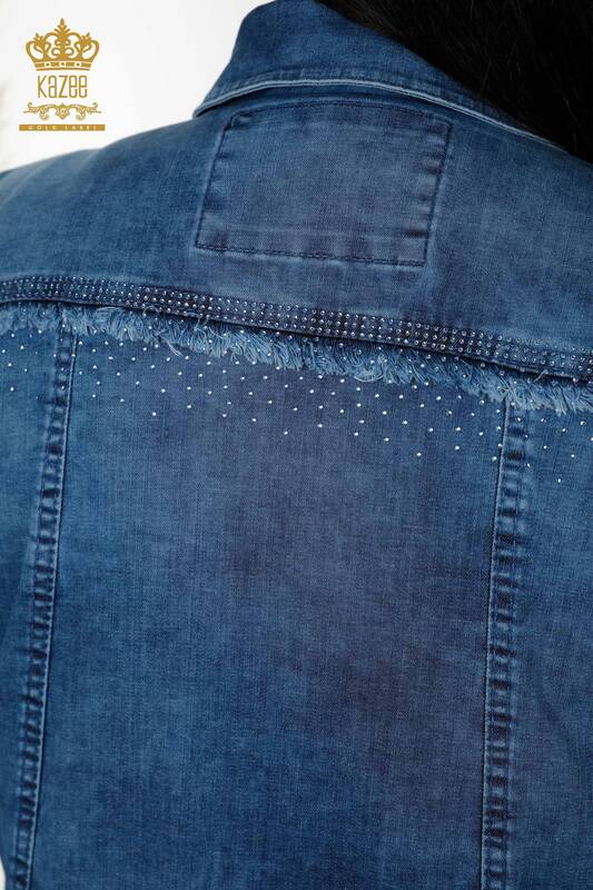 женская джинсовая куртка оптом вышитая хрустальным камнем - синяя - 20373 | КАZEE