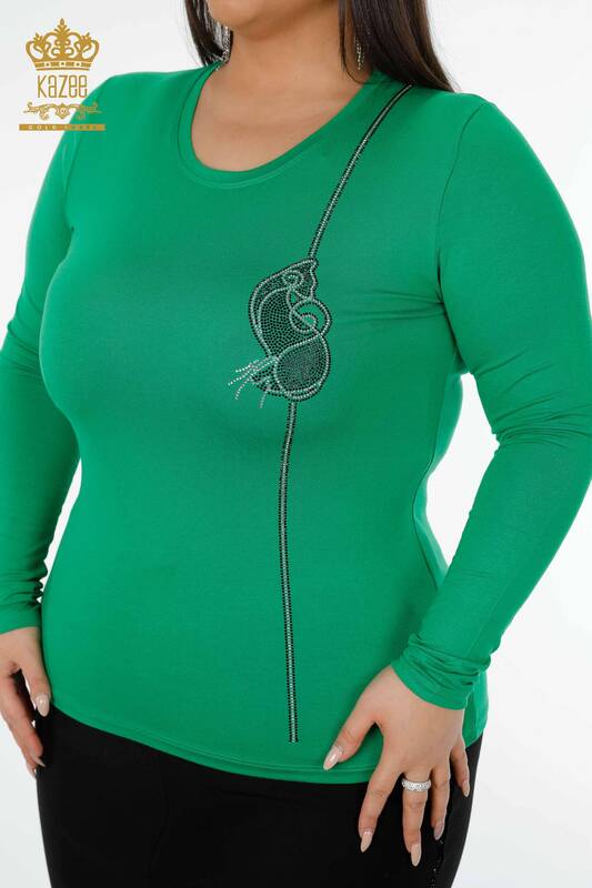 оптом Женская блузка с вышивкой камнями и круглым вырезом зеленого цвета - 79000 | КАЗЕЕ