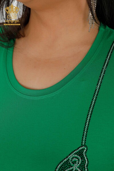 оптом Женская блузка с вышивкой камнями и круглым вырезом зеленого цвета - 79000 | КАЗЕЕ - Thumbnail