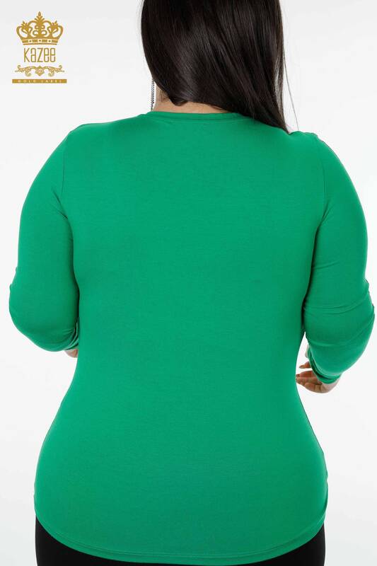 оптом Женская блузка с вышивкой камнями и круглым вырезом зеленого цвета - 79000 | КАЗЕЕ