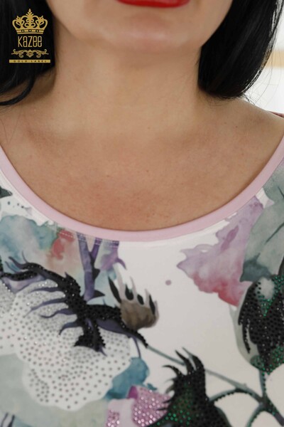 Женская блузка оптом - с коротким рукавом розовый - 12058 | KAZEE - Thumbnail