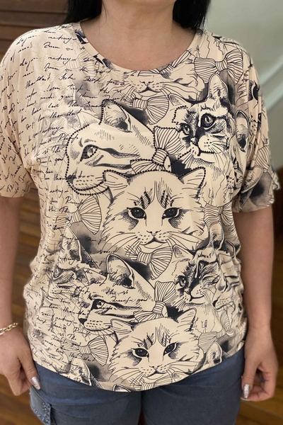 Женская Оптовая Блузка Цифровая Кошка Печатная Вышитая Камнем - 77276 | Каzee - Thumbnail