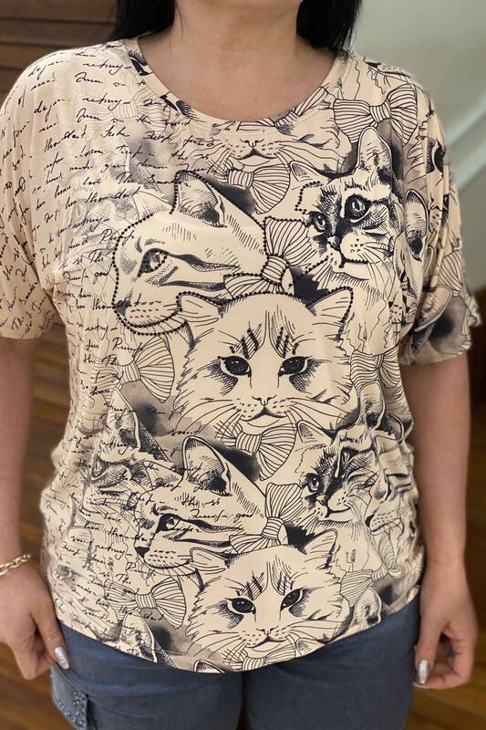Женская Оптовая Блузка Цифровая Кошка Печатная Вышитая Камнем - 77276 | Каzee