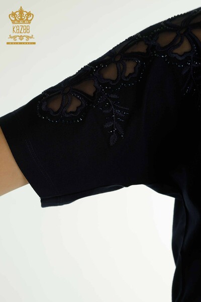 Женская блузка с цветочным узором темно-синяя - 79049 | КАZЕЕ - Thumbnail