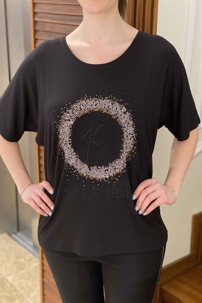 женская оптовая продажа блузки с круглым вырезом из цветного камня - 77568 | Каzee - Thumbnail