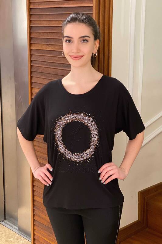 женская оптовая продажа блузки с круглым вырезом из цветного камня - 77568 | Каzee