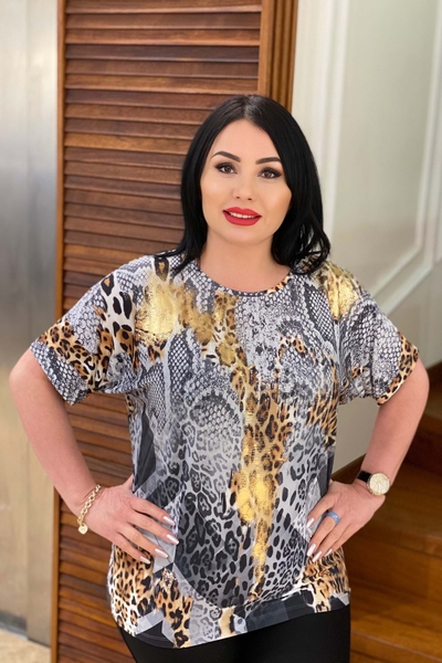 Женская оптовая продажа блузки с леопардовым принтом, вышитая камнем - 76828 | Каzee - Thumbnail