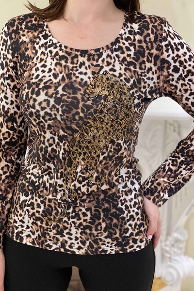 женская оптовая продажа блузки с леопардовым принтом вышитая камнем - 77782 | Каzee - Thumbnail (2)