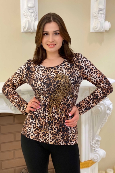 женская оптовая продажа блузки с леопардовым принтом вышитая камнем - 77782 | Каzee - Thumbnail