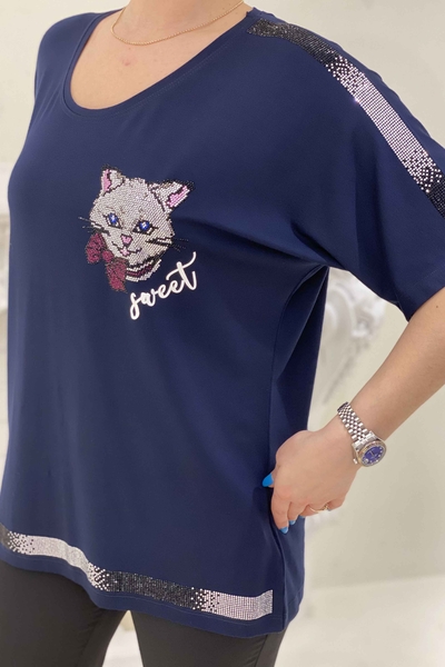 женская оптовая продажа блузки с принтом кота и детальным камнем - 77551 | Kazee - Thumbnail