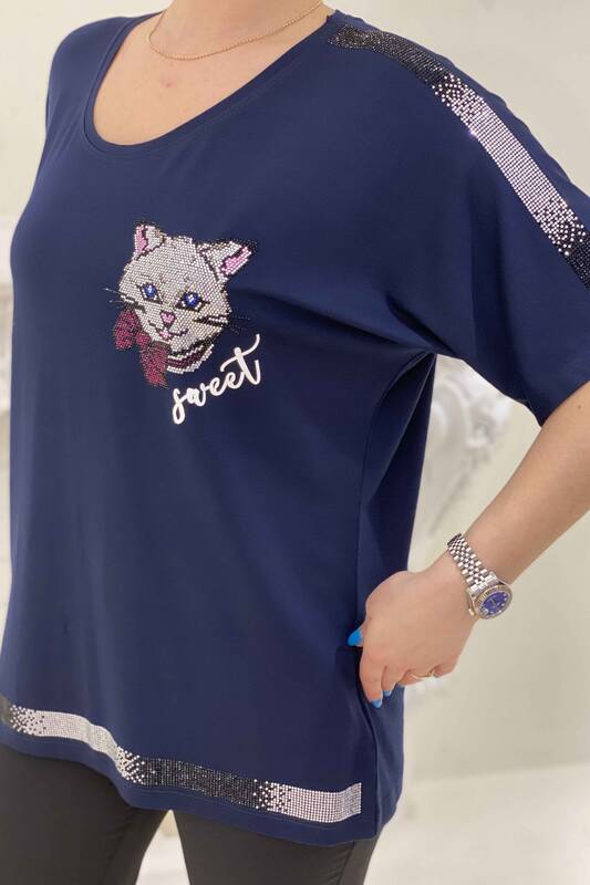 женская оптовая продажа блузки с принтом кота и детальным камнем - 77551 | Kazee