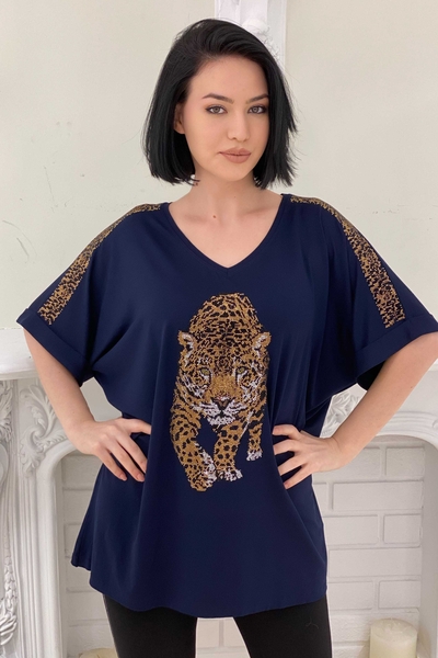 Женская оптовая продажа блузки с тигровым принтом и принтом камня - 77603 | Каzee - Thumbnail