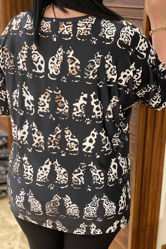 женская оптовая продажа блузки с цифровым принтом кота и V-образным вырезом - 76820 | Каzee