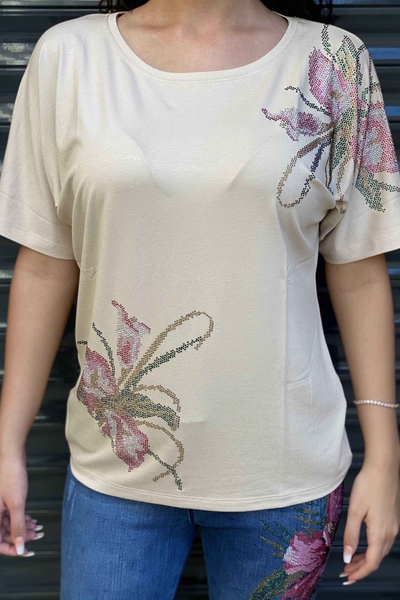 женская оптовая продажа блузки с цветочным узором с вышивкой цветным камнем - 77641 | Каzee - Thumbnail