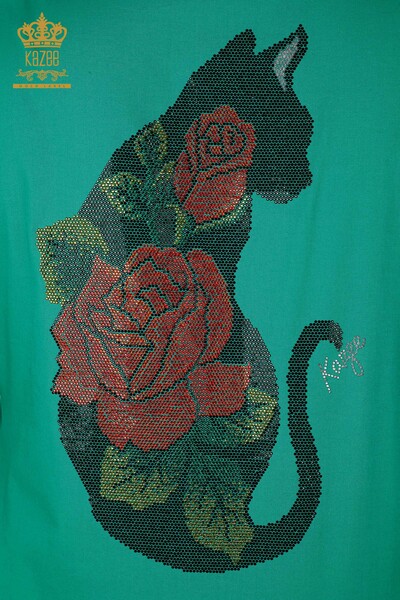 Женская рубашка оптом хлопковый с криссталическами камнями изоброжение кошки - 20075 | КАЗЕЕ - Thumbnail