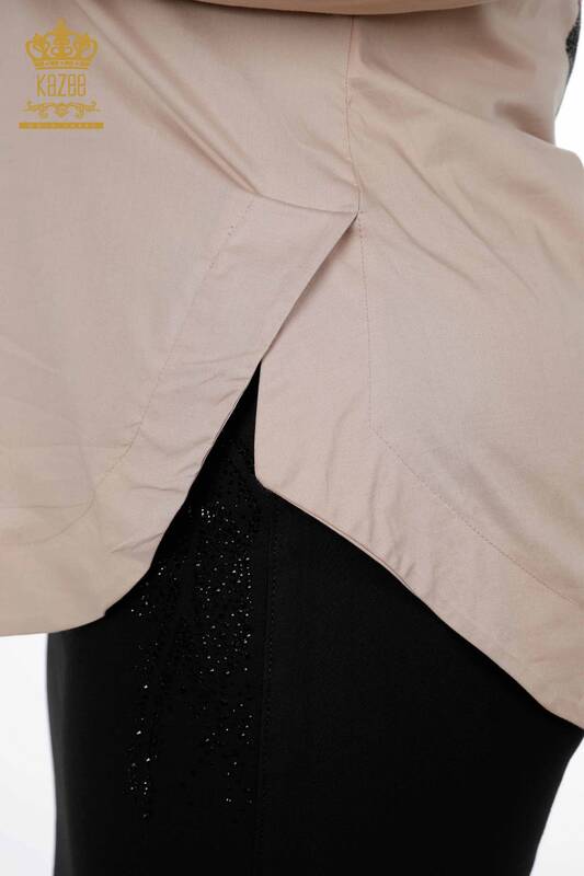 Женская рубашка оптом хлопковый с криссталическами камнями изоброжение кошки - 20075 | КАЗЕЕ