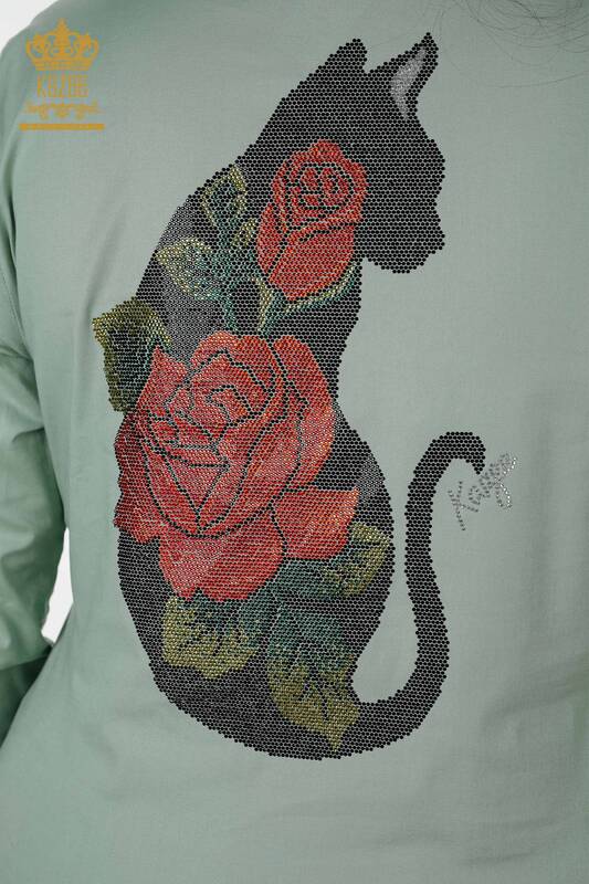 Женская рубашка оптом хлопковый с криссталическами камнями изоброжение кошки - 20075 | КАЗЕЕ