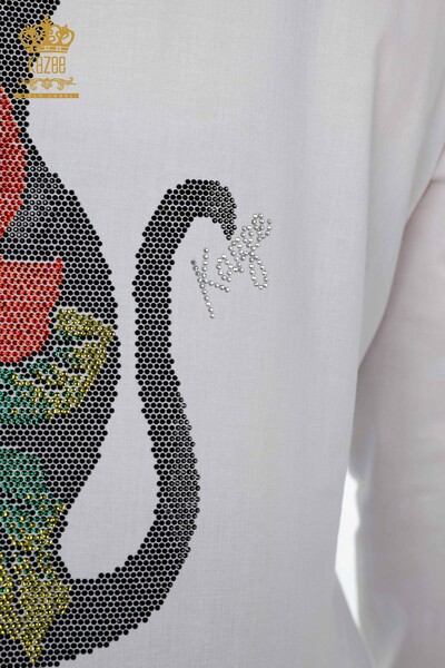 Женская рубашка оптом хлопковый с криссталическами камнями изоброжение кошки - 20075 | КАЗЕЕ - Thumbnail