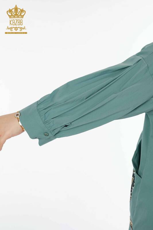 Женская рубашка оптом хлопковый вышитым с двойным карманом, камни с узороми - 20198 | КАZЕЕ