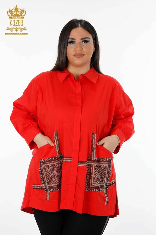 Женская рубашка оптом хлопковый вышитым с двойным карманом, камни с узороми - 20198 | КАZЕЕ