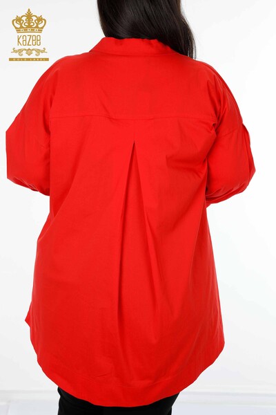 Женская рубашка оптом хлопковый вышитым с двойным карманом, камни с узороми - 20198 | КАZЕЕ - Thumbnail