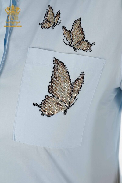Женская рубашка оптом хлопковый с камнями узором бабочки и цветы - 20128 | КАZЕЕ - Thumbnail