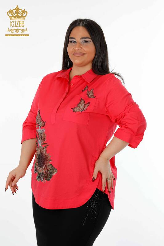 Женская рубашка оптом хлопковый с камнями узором бабочки и цветы - 20128 | КАZЕЕ