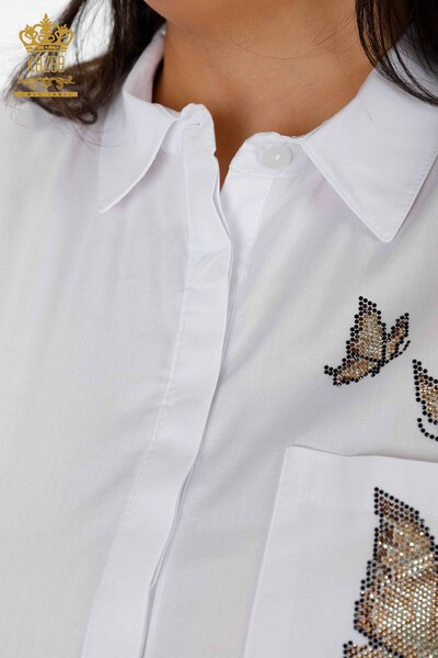 Женская рубашка оптом хлопковый с камнями узором бабочки и цветы - 20128 | КАZЕЕ - Thumbnail