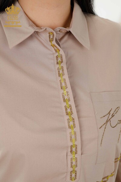 Женская рубашка оптом - Назад Узор с розой - Бежевый - 20110 | КАZEE - Thumbnail