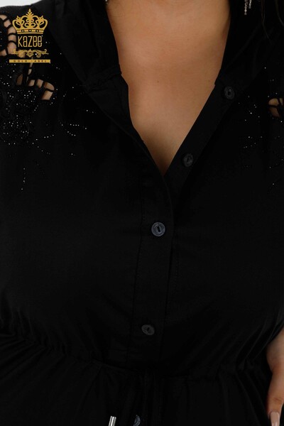 женская рубашка оптом платье с капюшоном цветочный узор черный - 20217 | КАZEE - Thumbnail