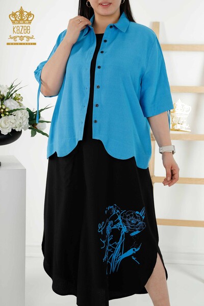 Женское платье-рубашка оптом - Цветочный узор - Электрический цвет Черный - 20367 | КАZEE - Thumbnail