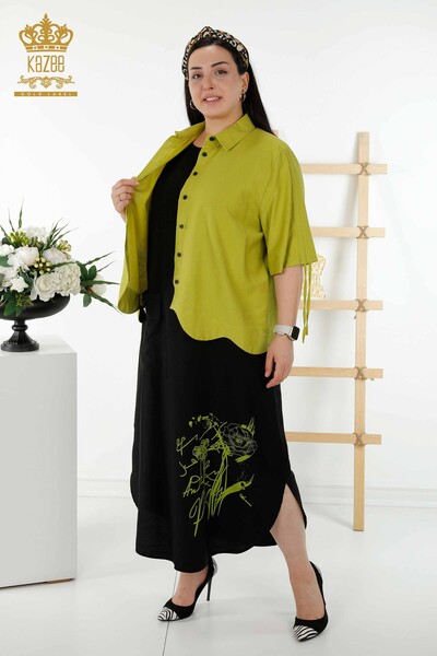 Женское платье-рубашка оптом - цветочный узор - зеленый - 20367 | КАZEE