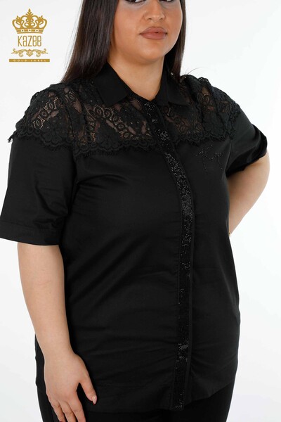 Kazee - Женская рубашка оптом из тюля с детальным узором и вышивкой хрустальным камнем - 20211 | КАZЕЕ (1)