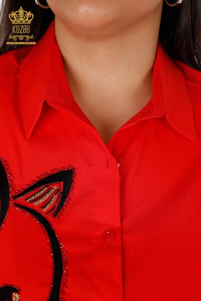 Женская рубашка оптом вышивка с кристаллическим камнями , кошка и розы - 20053 | КАЗЕЕ - Thumbnail