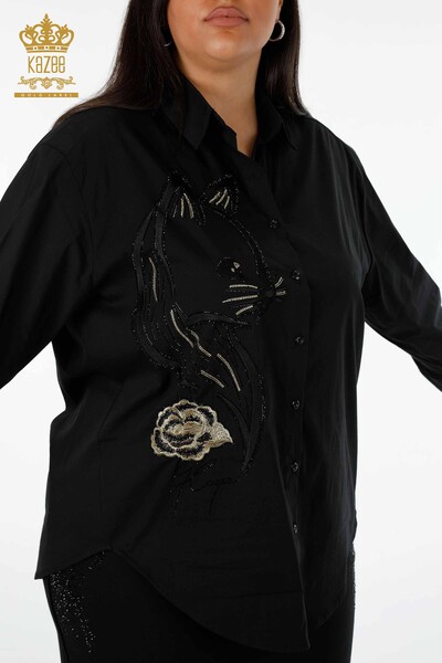 Женская рубашка оптом вышивка с кристаллическим камнями , кошка и розы - 20053 | КАЗЕЕ - Thumbnail