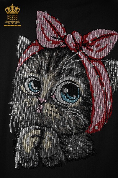 Женская рубашка оптом хлопковый на спине изображение кошки и надписью из камней - 20113 | КАZЕЕ - Thumbnail