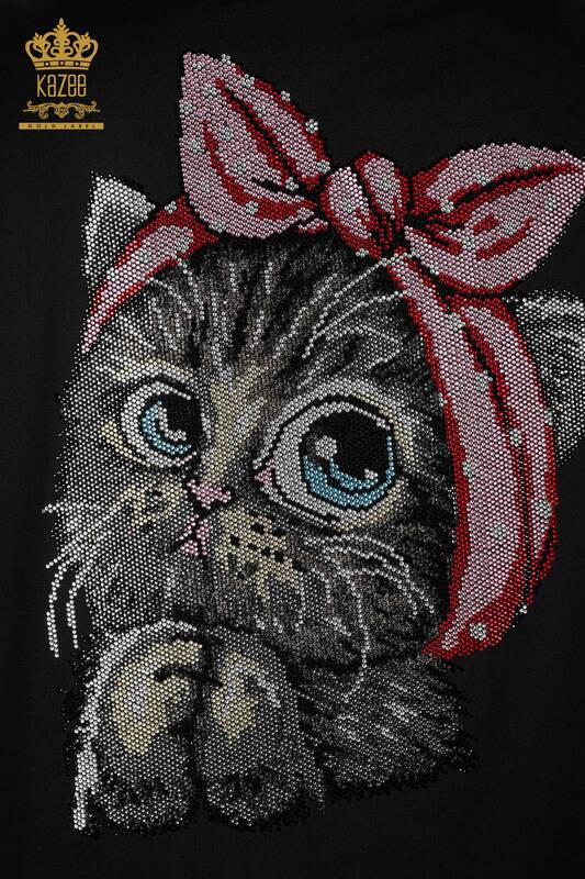 Женская рубашка оптом хлопковый на спине изображение кошки и надписью из камней - 20113 | КАZЕЕ