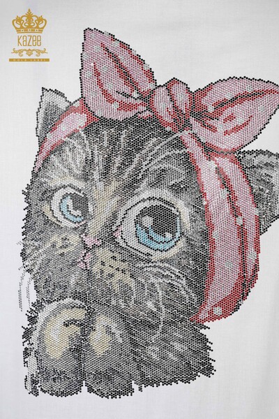 Женская рубашка оптом хлопковый на спине изображение кошки и надписью из камней - 20113 | КАZЕЕ - Thumbnail