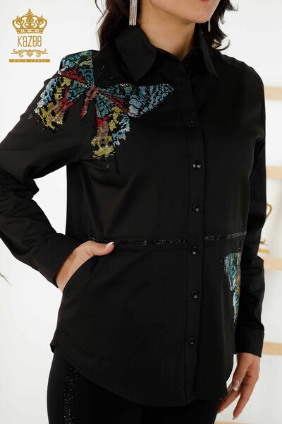 женская рубашка оптом - узор бабочки - черный - 20235 | КАZEE - Thumbnail