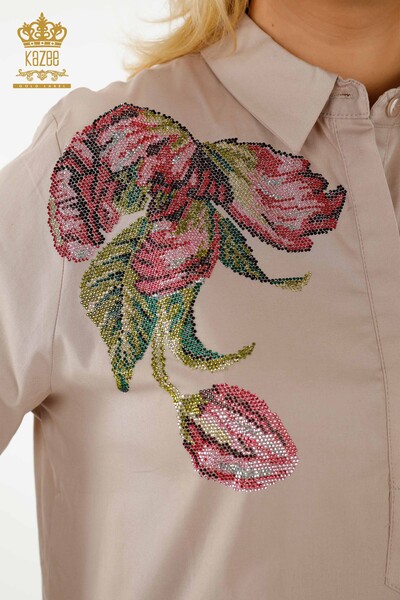 Женские рубашки оптом Вышитые камнем Бежевые - 20008 | КАZEE - Thumbnail