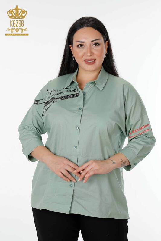 Рубашка женская оптом с вышивкой камнем мятного цвета - 20095 | КАZEE