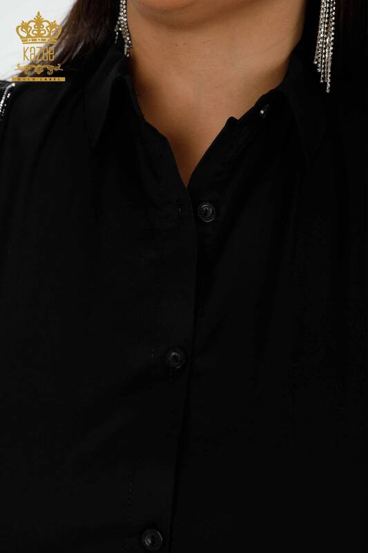 Женская рубашка оптом с карманами Подробная черная - 20135 | КАZEE