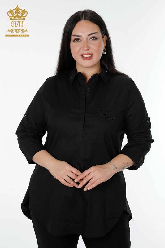 Женская рубашка оптом с карманами Подробная черная - 20139 | КАZEE
