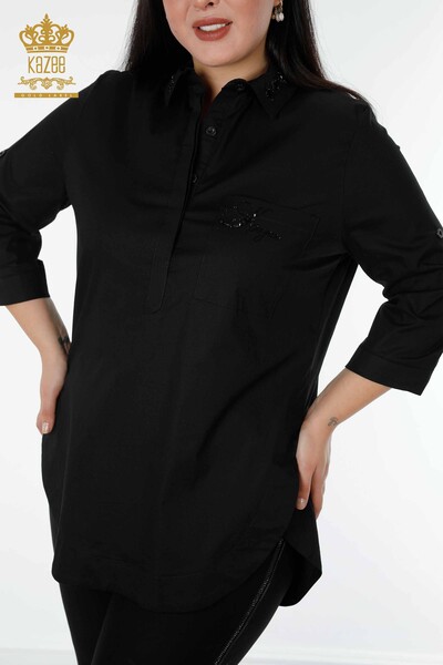 Женская рубашка оптом с карманами Подробная черная - 20139 | КАZEE - Thumbnail