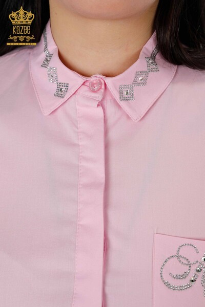 Женская рубашка оптом с карманами Подробная розовая - 20139 | КАZEE - Thumbnail