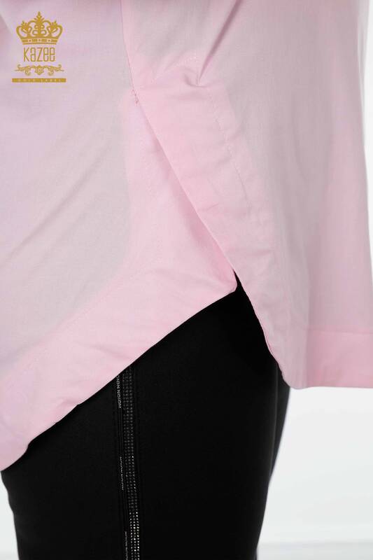Женская рубашка оптом с карманами Подробная розовая - 20139 | КАZEE