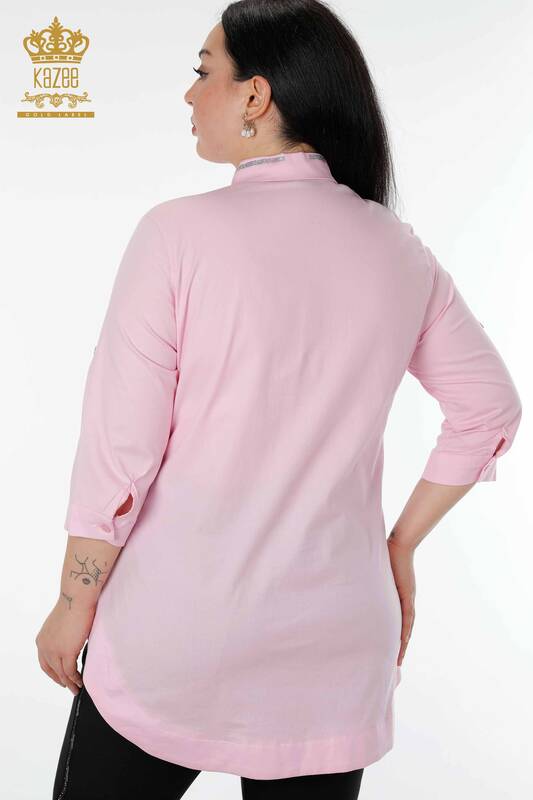 Женская рубашка оптом с карманами Подробная розовая - 20139 | КАZEE