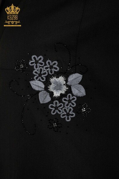 Женские рубашки оптом Карманы Вышитые камнем - Черный - 20248 | КАZEE - Thumbnail