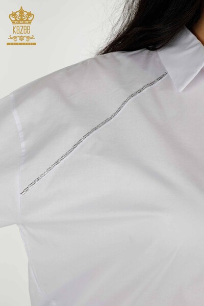 Женская рубашка оптом - Карман Вышитый камень - Экрю - 20346 | КАZEE - Thumbnail